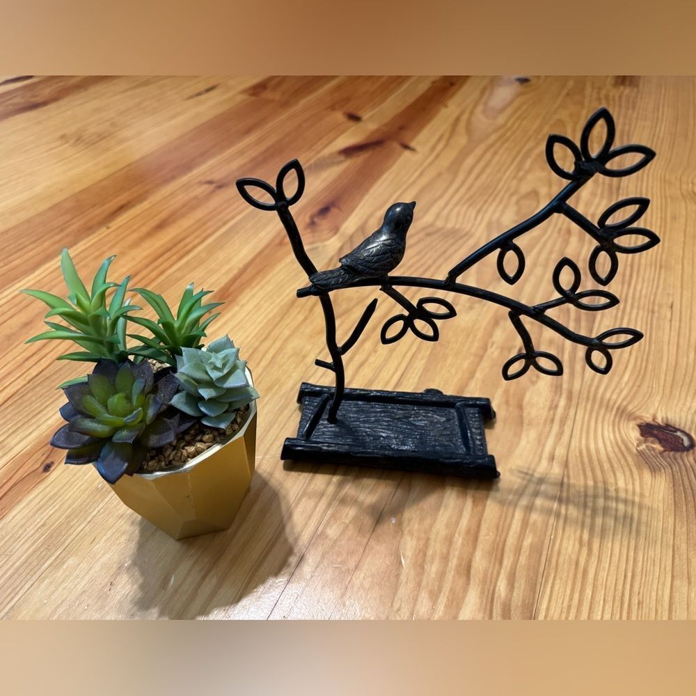 Jewelry Tree Earring Necklace Hanger Holder w/ Ring Dish Tray Black Bronze Metal